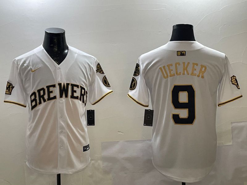 Men Milwaukee Brewers #9 Uecker White Gold Game 2025 Nike MLB Jersey style 1->milwaukee brewers->MLB Jersey